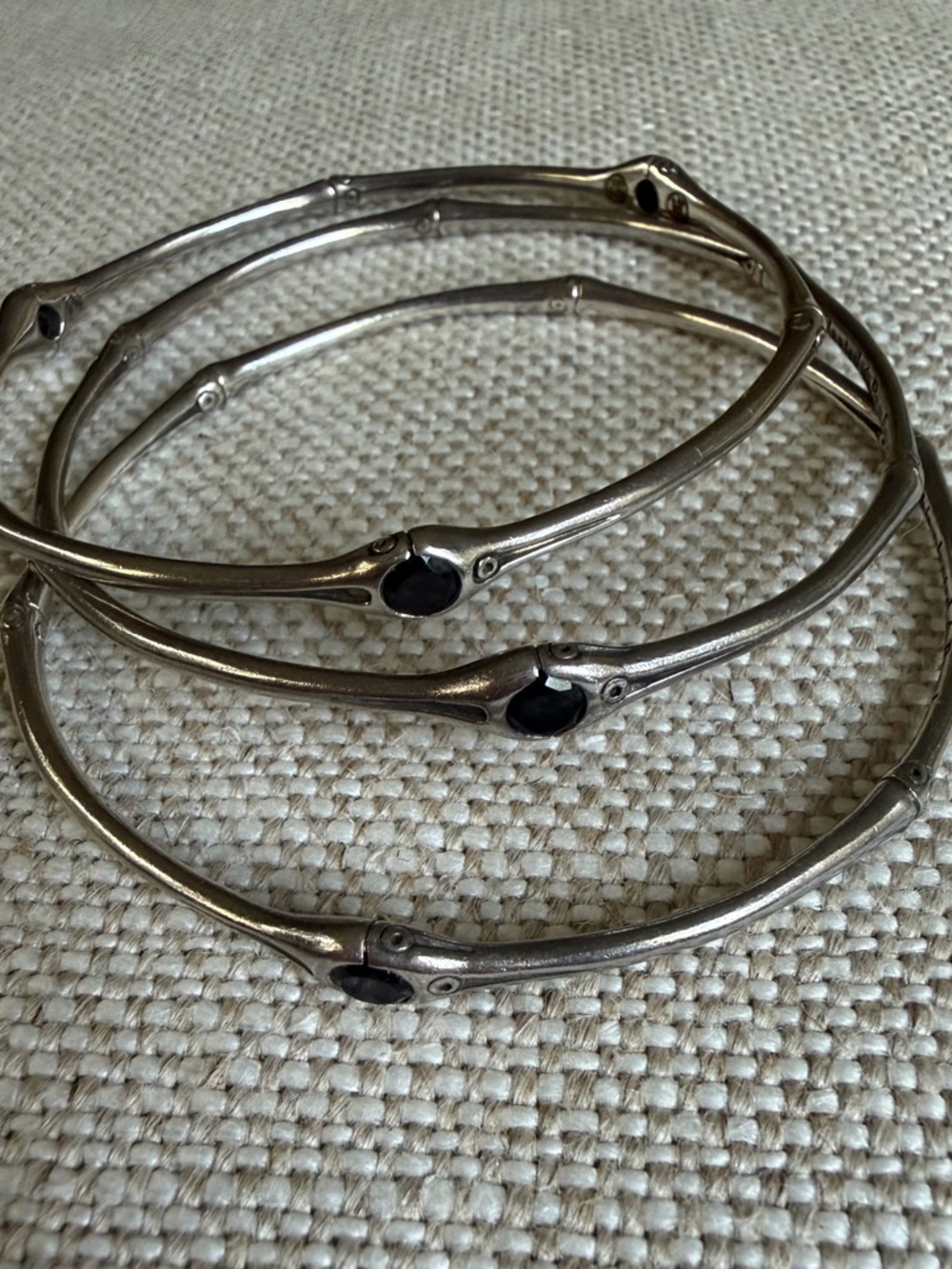 John Hardy Sterling Silver Bamboo 3 Bangle Bracelet Set with Black Sapphire